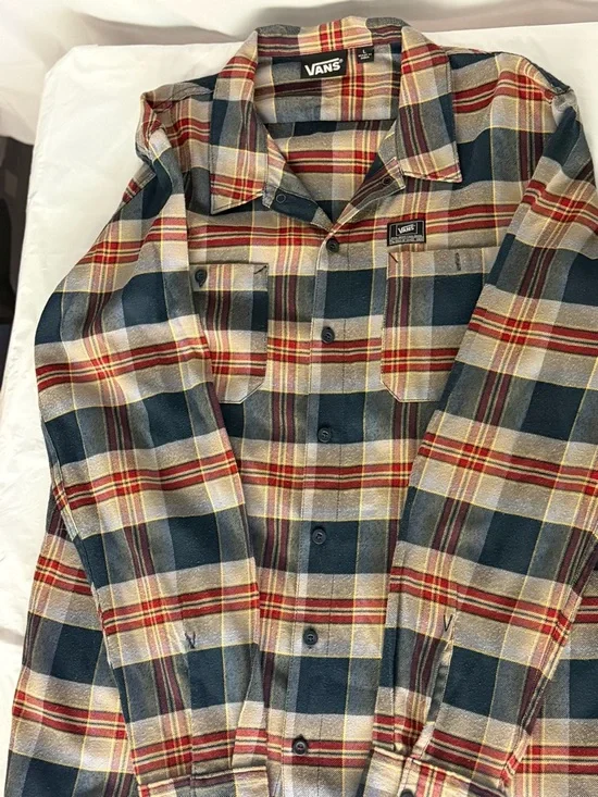 Vans Plaid Flannel Shirt Mens Large Red Tan Black Button Up Long Sleeve - Picture 3 of 4